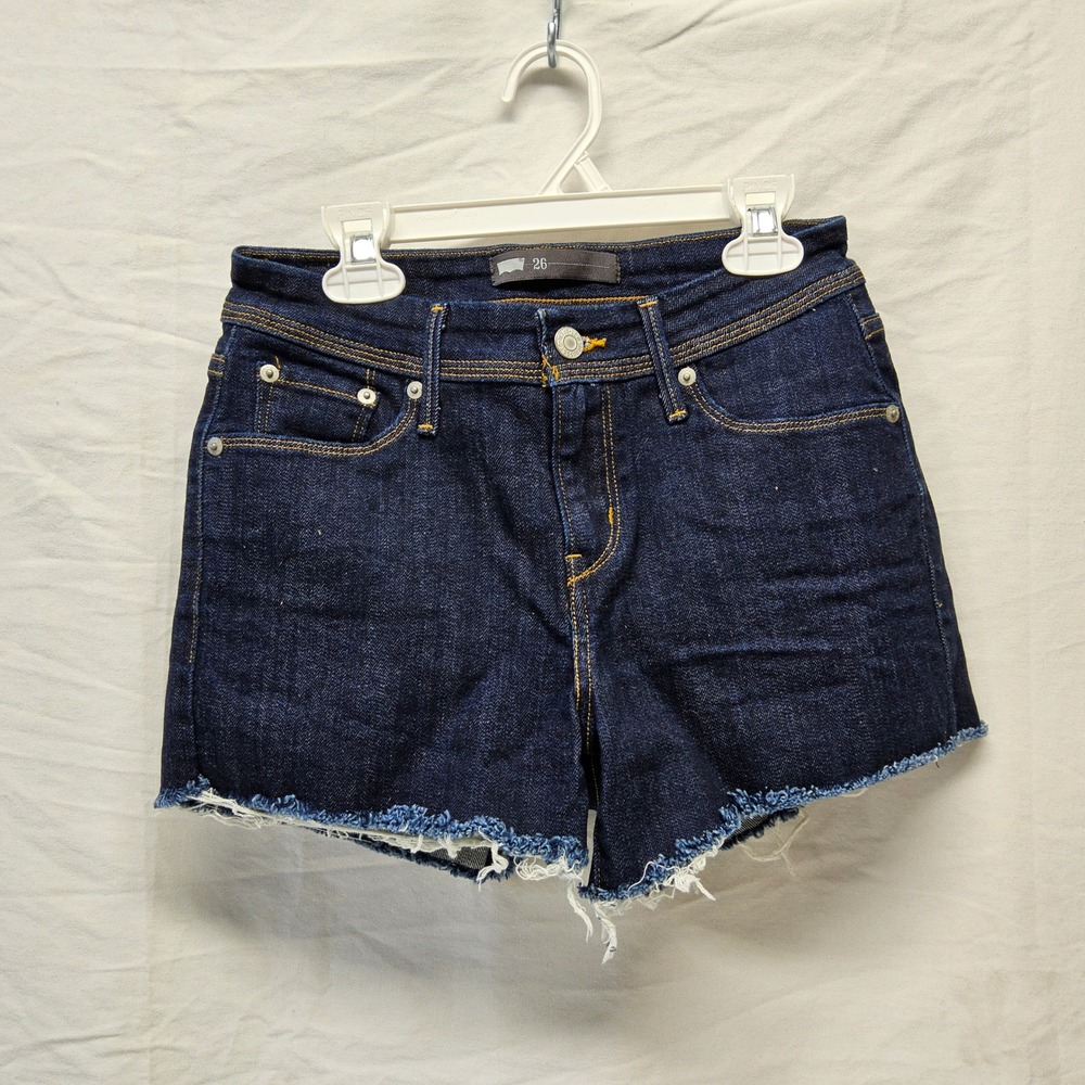 Levis Denim Cut Off Shorts Womens‎ 26 Dark Wash Blue Frayed Hem Mid Rise